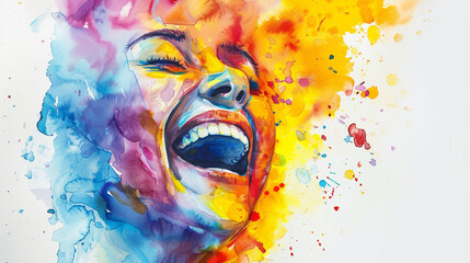 Beautiful laughing woman face abstract watercolor illustration on the paper. happy smile. Happiness emotions. Concepts about emotional health, joy, pleasure, enjoy. Psychology, mentality,feeling.