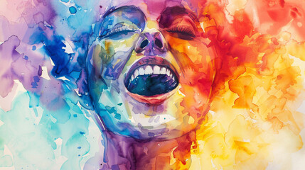 Beautiful laughing woman face abstract watercolor illustration on the paper. happy smile. Happiness emotions. Concepts about emotional health, joy, pleasure, enjoy. Psychology, mentality,feeling.