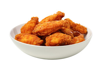 Crispy Delights: White Bowl Overflowing With Fried Chicken Wings. White or PNG Transparent Background.