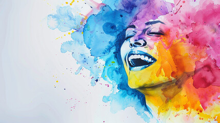 Beautiful laughing woman face abstract watercolor illustration on the paper. happy smile. Happiness emotions. Concepts about emotional health, joy, pleasure, enjoy. Psychology, mentality,feeling.