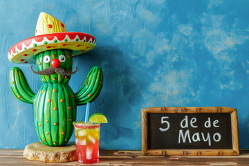 Concepto de celebracion del 5 de mayo en Mexico. Maceta con cactus con cara, bigote, sombrero charro y coctel margarita con limon y pajita, sobre tabla de madera ,  fondo grunge azul y cartel - obrazy, fototapety, plakaty