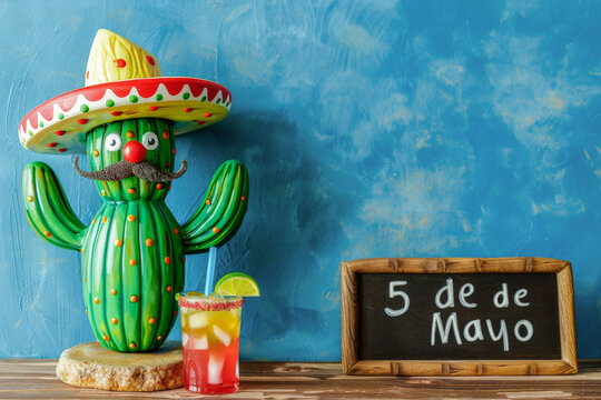 Concepto de celebracion del 5 de mayo en Mexico. Maceta con cactus con cara, bigote, sombrero charro y coctel margarita con limon y pajita, sobre tabla de madera ,  fondo grunge azul y cartel