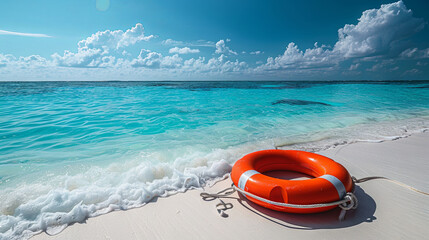 Obraz premium Lifebuoy on the tropical beach background, summer holiday concept
