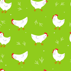 Seamless pattern with cute chickens in summer. Abstract kitchen print with birds. Vector graphics. - obrazy, fototapety, plakaty