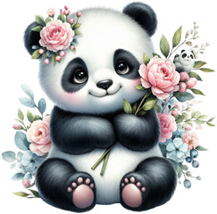 Whimsical Watercolor  Floral Panda: Embrace the Adorable Charm of Playful Panda in this Enchanting Art 