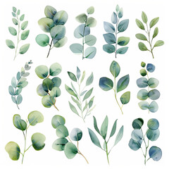 Watercolor clipart set featuring packs of eucalyptus branches on a white background. Perfect for botanical designs, invitations, and digital artwork. - obrazy, fototapety, plakaty