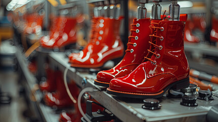 Production of red shoes for woman at the modern factory - obrazy, fototapety, plakaty