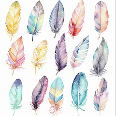 Versatile watercolor clipart set featuring a pack of boho feathers in gentle pastel colors. Ideal for enhancing invitations, cards, and creative projects.