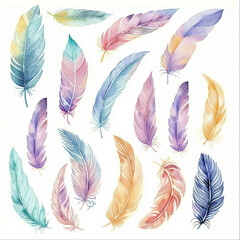 Whimsical watercolor clipart set showcasing boho feathers in soft pastel hues on a white background. Perfect for adding a touch of free-spirited charm to designs.