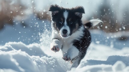 A black and white dog running through the snow. Suitable for winter themed projects - obrazy, fototapety, plakaty