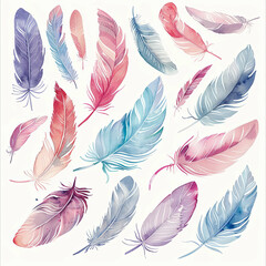 Watercolor clipart set featuring a pack of boho feathers in pastel colors on a white background. Ideal for bohemian-themed designs, invitations, and artistic compositions.