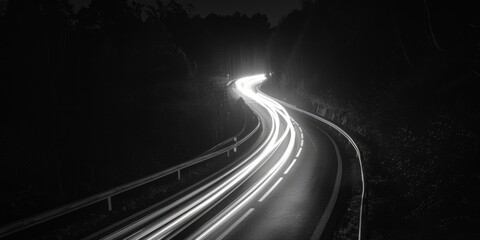 A monochrome image of a highway at night. Suitable for transportation themes