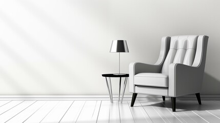 White chair and table in room, modern, no people, wall, home interior, background