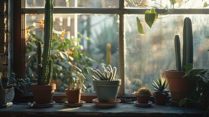 A variety of potted plants displayed on a window sill, perfect for interior design projects - Powered by Adobe