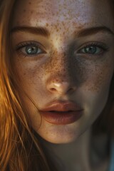 Close up of a woman with freckles on her face. Ideal for beauty and skincare concepts