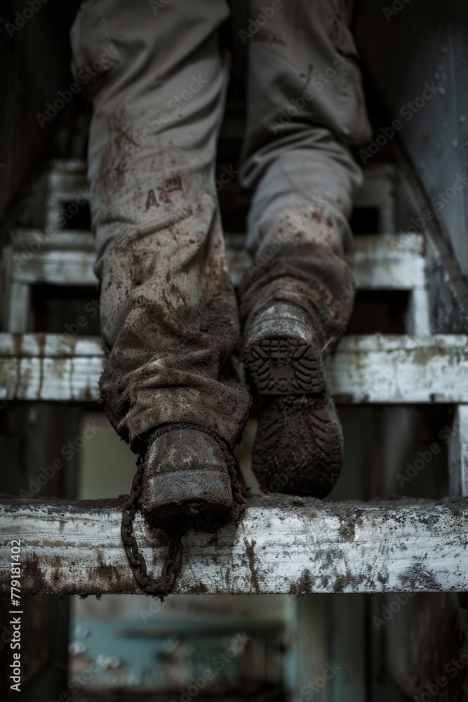 Poster Close up of a person's feet on a ladder. Suitable for illustrating concepts of progress and achievement