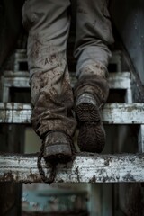 Close up of a person's feet on a ladder. Suitable for illustrating concepts of progress and achievement
