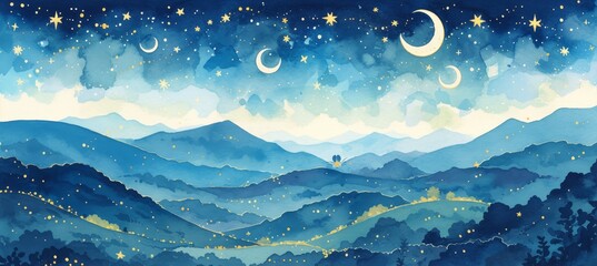 A whimsical watercolor ilration of the night sky, with twinkling stars and glowing moons floating above rolling hills. 