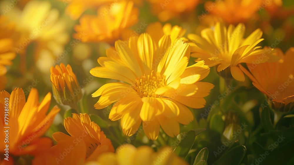 Poster a beautiful bunch of yellow flowers in a field. perfect for nature and springtime concepts