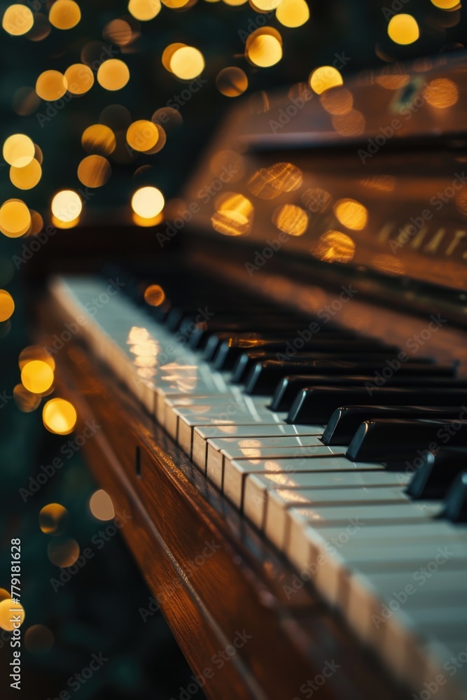 Poster Close up of a piano with colorful lights in the background. Suitable for music events promotion