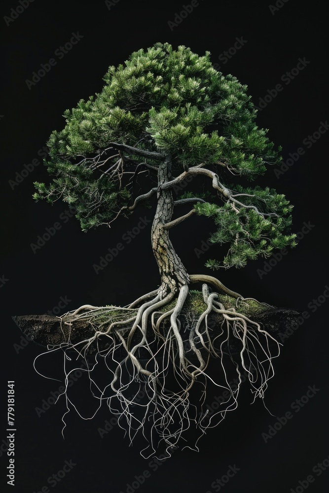 Poster a unique bonsai tree with roots in the air. great for botanical and nature concepts