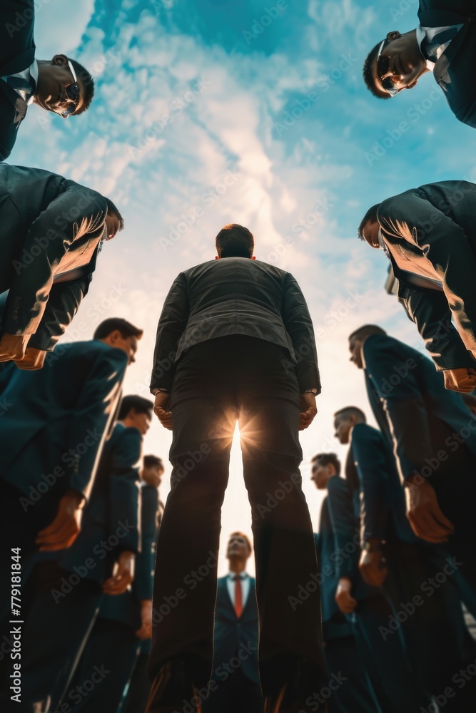 Poster A group of men in suits standing in a circle. Suitable for business concepts