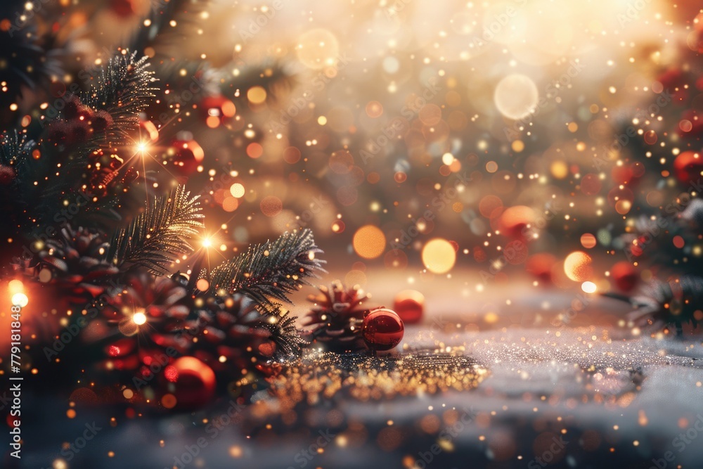 Poster close up view of a christmas tree with twinkling lights in the background. perfect for holiday conce