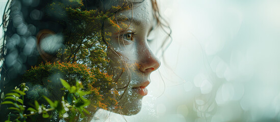 mother nature as a double exposure portrait of a woman and leaves trees and flowers
