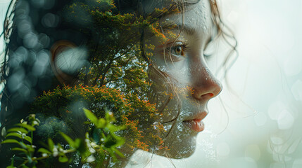 mother nature as a double exposure portrait of a woman and leaves trees and flowers. with area for text to the right.