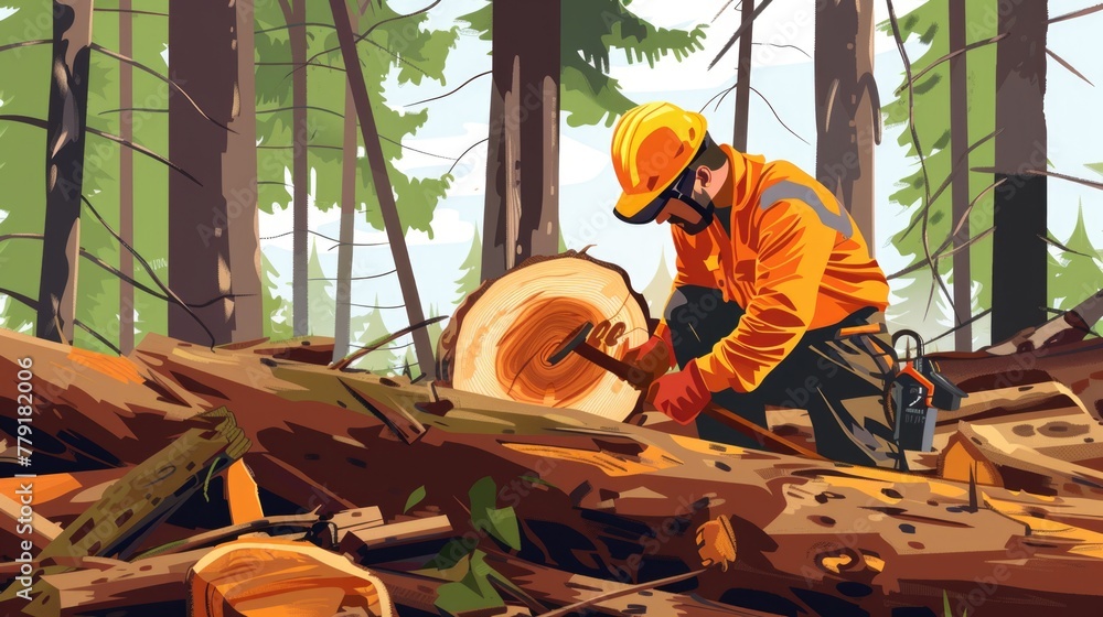 Poster a man using a chainsaw to cut down a tree. suitable for industrial or logging themes