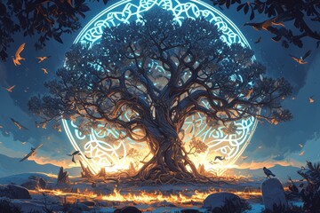 A Yggdrasil tree of life with many roots and branches, the trunk is blue and white with fire around it. There is an oak tree in front surrounded by birds.  - obrazy, fototapety, plakaty