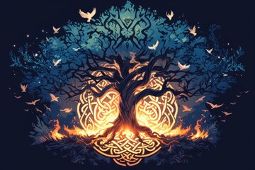 A Yggdrasil tree of life with many roots and branches, the trunk is blue and white with fire around it. There is an oak tree in front surrounded by birds. 