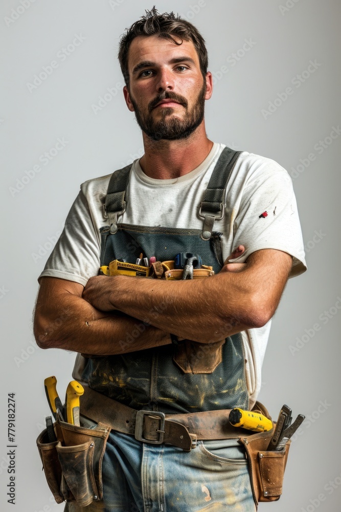 Poster a man holding a tool belt with various tools, suitable for construction and diy projects