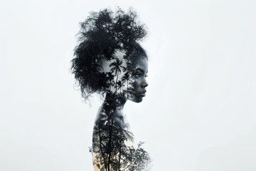 Art Black and white portrait of a African American woman double exposure with palm trees. Over a white background.  