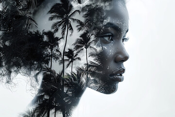 Black and white close up  profile of a African American model  double exposure with palm trees. Over a white background.  