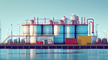 A large industrial plant situated on a body of water. Suitable for industrial, environmental, and manufacturing concepts