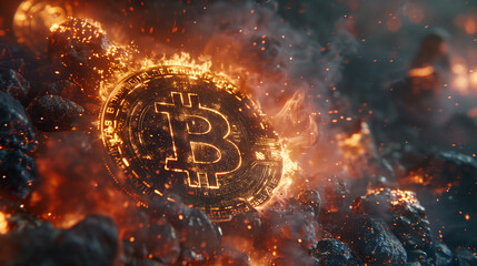 Bitcoin in fire market - cryptocurrency concept - obrazy, fototapety, plakaty