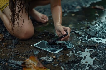 A woman kneeling on the ground with a cell phone in her hand. Suitable for technology and communication concepts