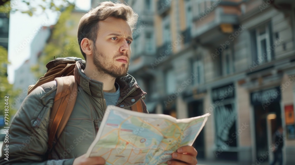 Poster A man with a backpack studying a map. Suitable for travel and navigation concepts