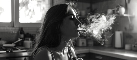 A woman smoking a cigarette in a kitchen. Suitable for lifestyle or addiction concepts - obrazy, fototapety, plakaty