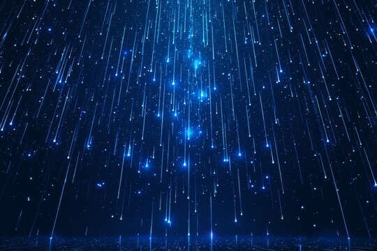 Abstract background with blue glowing light rain and stars on dark night sky. Digital futuristic concept of big data, artificial intelligence technology
