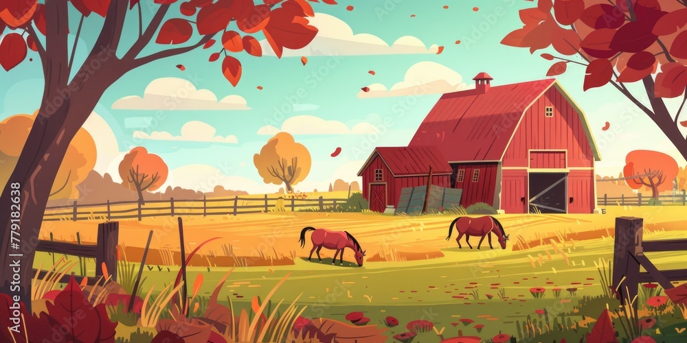 Poster a horse grazing in a field with a barn in the background. suitable for agricultural concepts