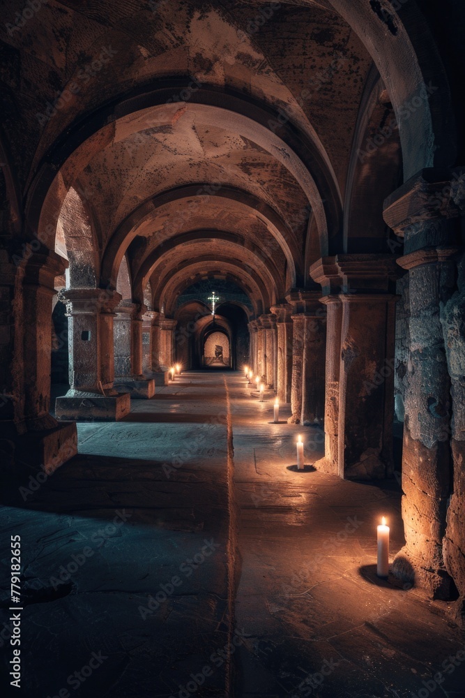 Poster A mysterious tunnel illuminated by candles, perfect for adding a touch of intrigue to your projects