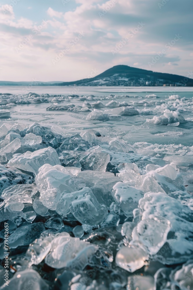 Poster a bunch of ice sitting on top of a beach. suitable for environmental concepts