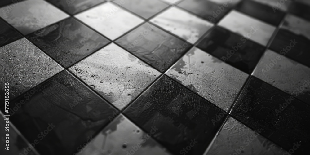 Poster A black and white photo of a checkered floor. Perfect for adding a retro touch to your design projects