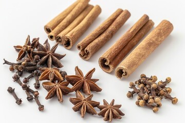 A mix of cinnamon, anise, and cloves on a clean white background. Perfect for food and culinary concepts