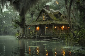 A small cabin surrounded by swamp water. Ideal for nature and outdoor themes - obrazy, fototapety, plakaty