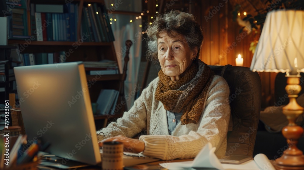 Poster a woman sitting in front of a laptop computer. suitable for technology concepts