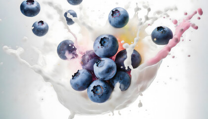 Visual Representation of the Moment a Falling Blueberries Collides with Water and Milk, Transformed into an Artistic Scene. Splashes.