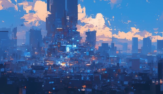Abstract Blue, Orange and White Painting of Cityscape with Black Background 